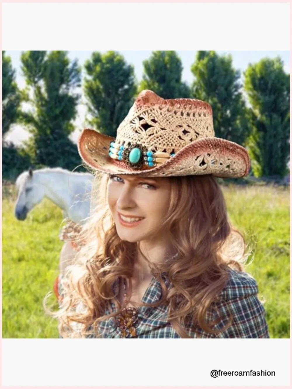 Foldable Straw Cowgirl Hat with Interchangeable Bands, Sun Protection